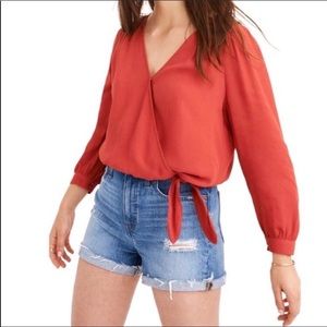 MADEWELL Silk Wrap Top in Coral